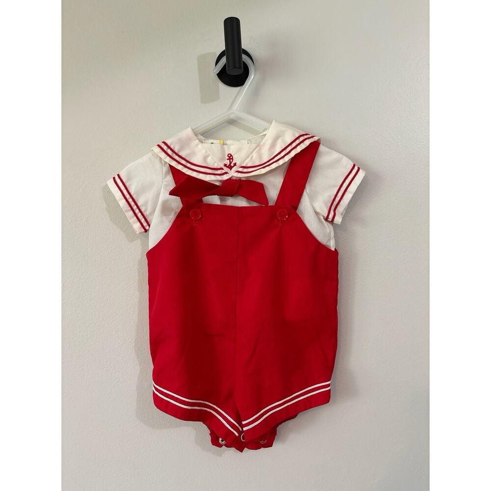 Vintage Sailor Outfit Nautical Sailor Romper Shorts Set 3-6 Months Red Bow